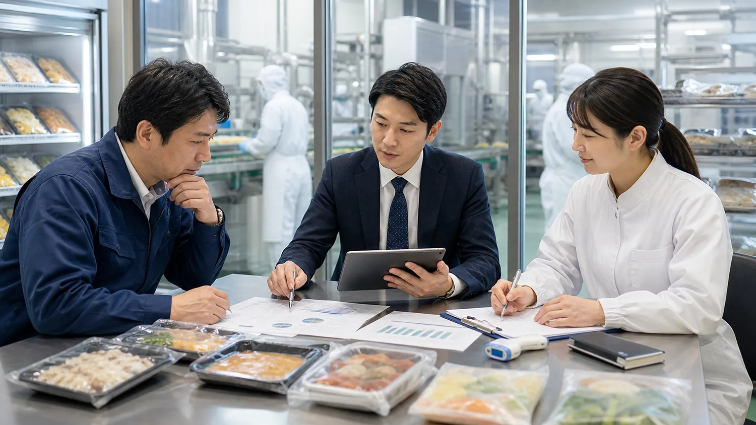 冷凍食品会社の売却資料と収益を確認する相談風景