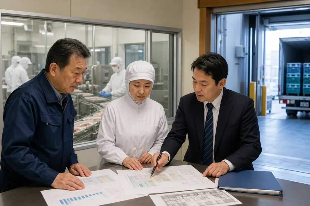 江夏商事 センターフーズ 丸園冷蔵 事業譲受｜鹿児島の食肉加工工場で事業譲受後の製造承継を確認する経営者と工場責任者