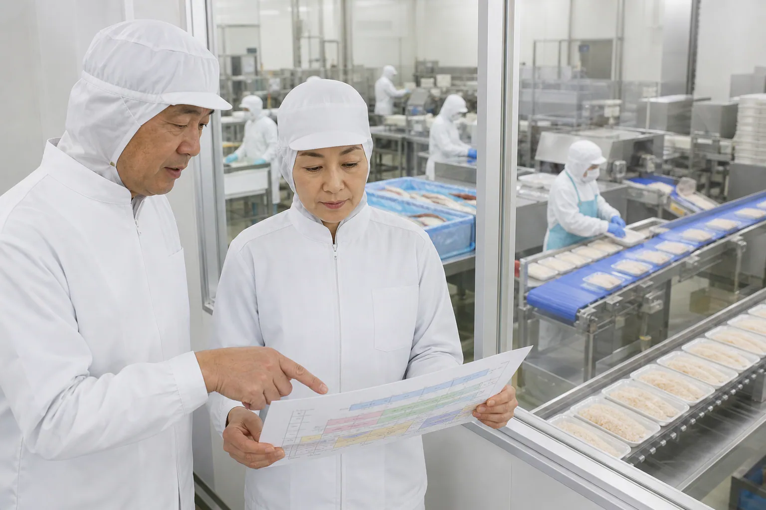 日本水産 デルマール 吸収合併｜日本水産とデルマールの吸収合併による水産調理冷凍食品の製造販売統合を表す工場と会議