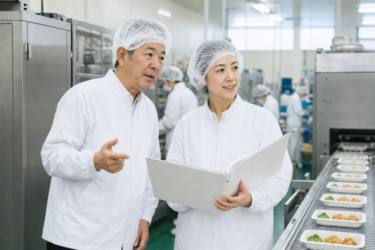 冷凍食品工場で経営者と次の担い手が製造ノウハウを引き継ぐ様子