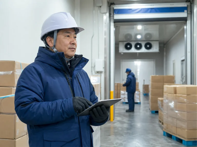 冷蔵倉庫の冷凍帯で品温と在庫を確認する管理責任者