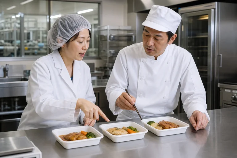 冷凍食品の試作品と商品仕様を確認する開発担当者