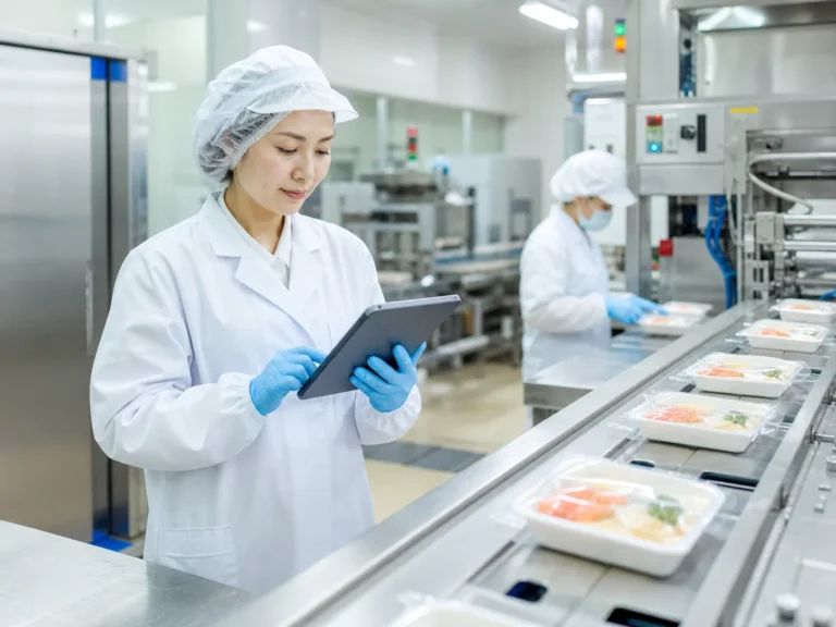 冷凍食品工場で製造ラインと記録を確認する品質管理担当者